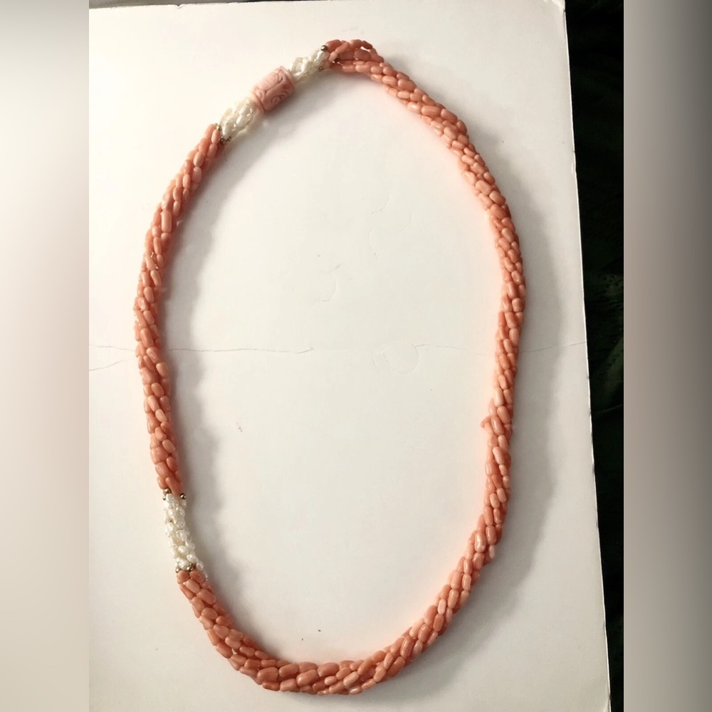 Vintage Chinese Carved Angel Skin Beaded Freshwater Coral Pearl Rope Necklace